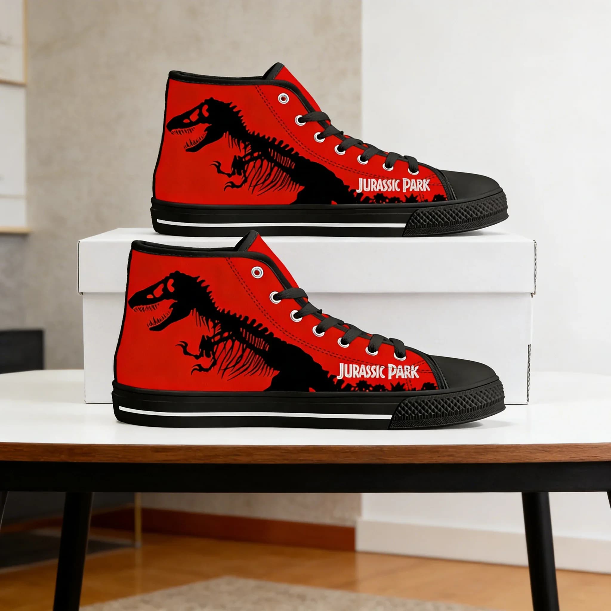 Sneakers in tela Jurassic Dinosaur World | Scarpe Casual Alte da Uomo e Donna | Scarpe Personalizzate per Coppie