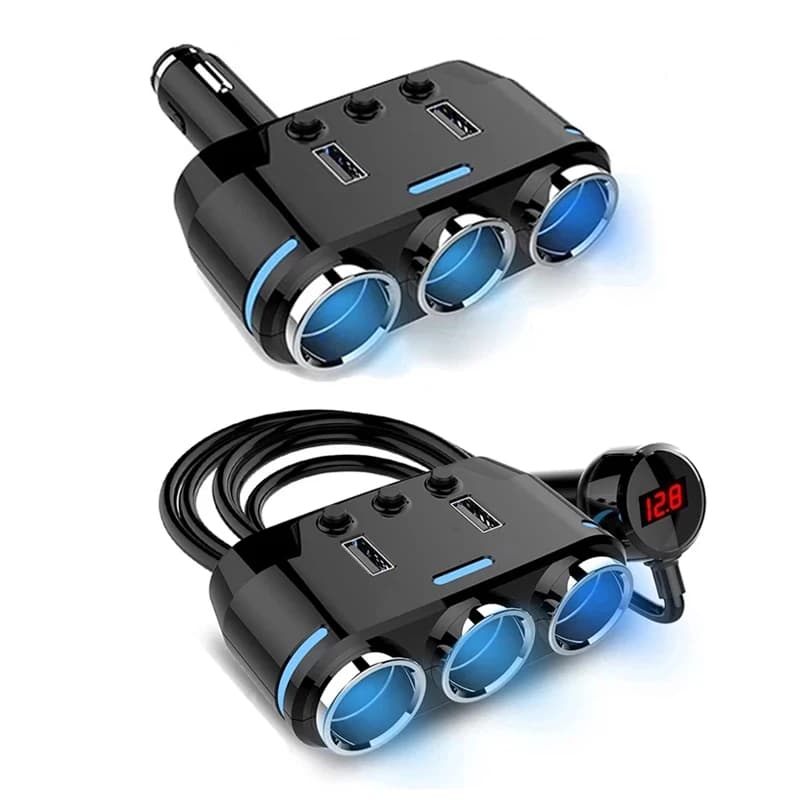 12V-24V Presa accendisigari per auto Spina splitter LED Caricatore USB Porta adattatore Caricatore per auto a 3 vie con cavo di prolunga