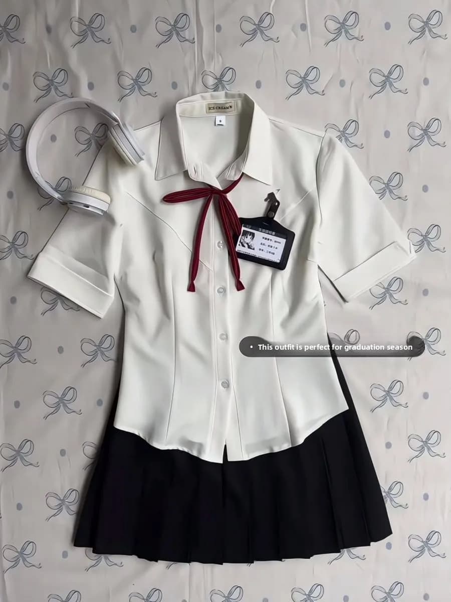 College Style Short Sleeve Shirt And Skirt Set Women's Basic Fit Uniform Summer Outfit Breathable Polyester Casual Wear
