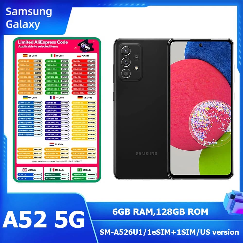 Samsung Galaxy A52 5G, telefono Android da 6,5 pollici, Snapdragon, 6GB+128GB ROM, quattro fotocamere da 64MP, Samsung NFC, 4500mAh, versione USA, sbloccato.