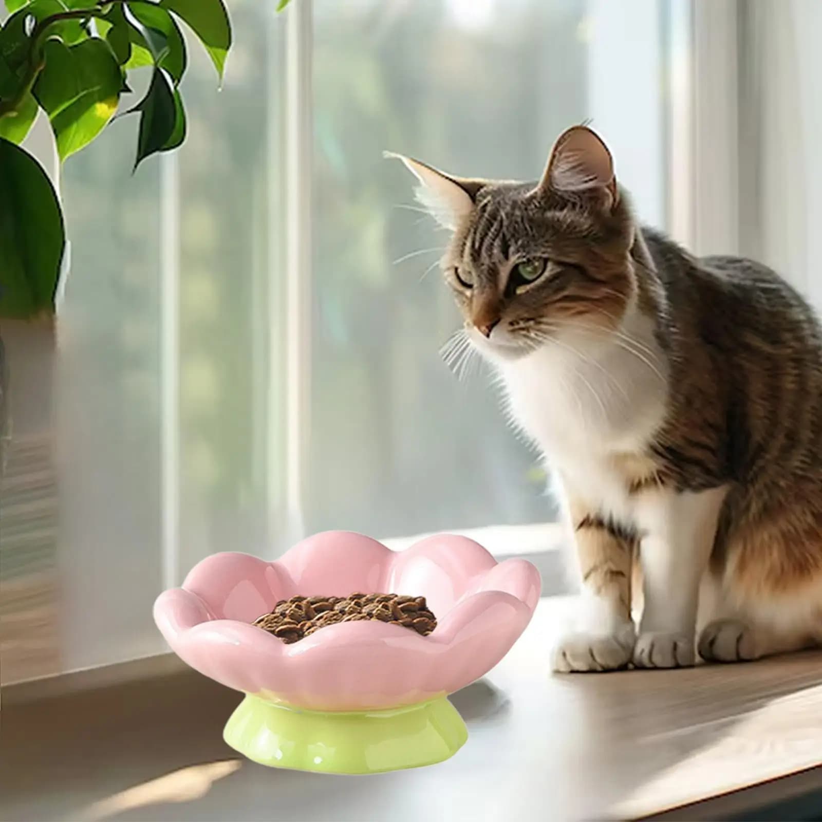 Ceramic Pet Bowl with Flower Shape Tilted Elevated Cat Food Bowl Raised Non Slip Stand for Indoor Cats