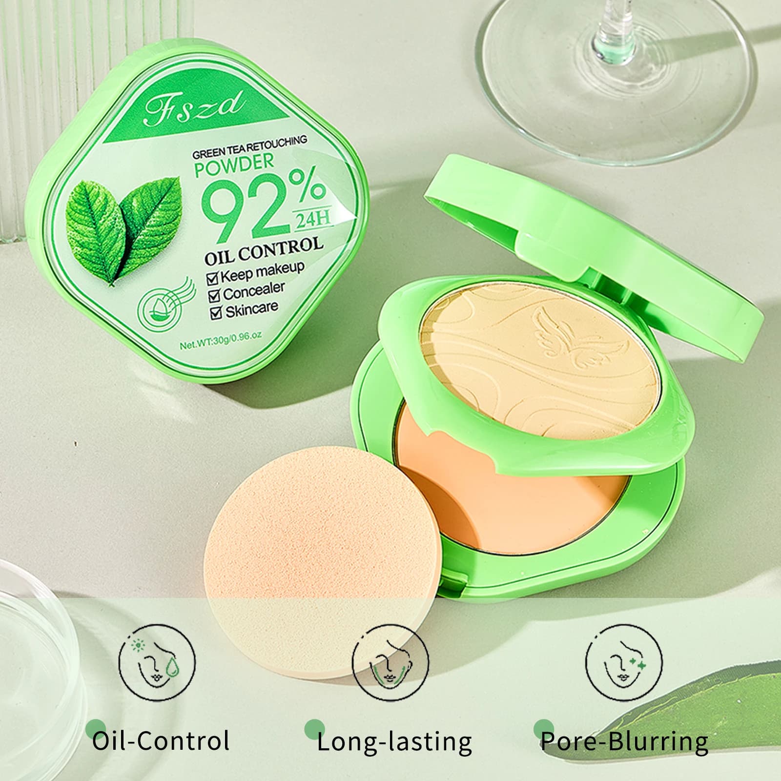 Polvere a doppio strato setosa leggera al tè verde Leggera, duratura, copertura naturale, fondotinta in polvere correttiva per il controllo dell'olio