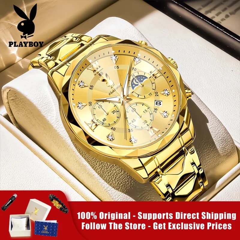 PLAYBOY 3088 Orologi originali e autentici di marca per uomo, confezione regalo di lusso, orologio da uomo al quarzo multifunzionale con specchio diamantato