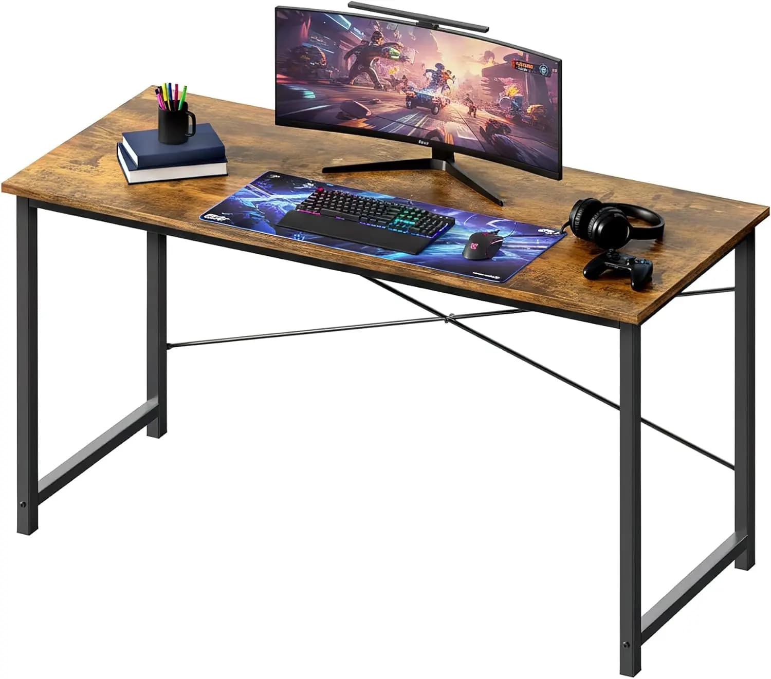 Scrivania Compatta da 55 Pollici con Tasca Portaoggetti e Gancio per Cuffie, Marrone Rustico per Ufficio Domestico, Gaming e Studio