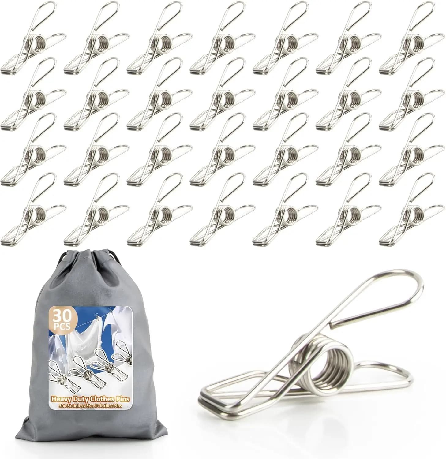Confezione da 30 Mollette Robuste in Acciaio Inossidabile con Sacchetto Impermeabile per Bucato all'Aperto, Appendere Foto, Sigillare Snack