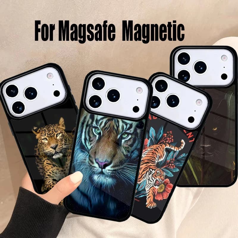 Custodia di Lusso con Stampa Tigre e Leopardo per iPhone 17 Air 16e 15 14 13 12 11 Pro Max Plus, Cover Magnetica Wireless Magsafe