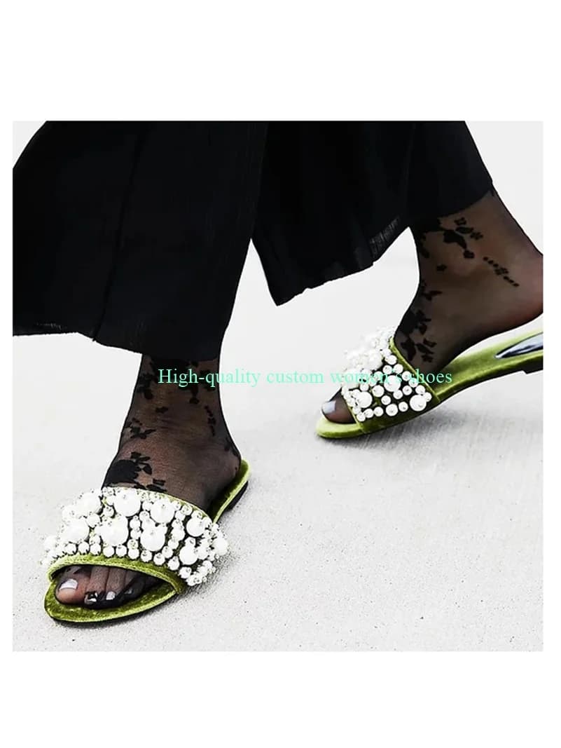 Round Head Pearl And Rhinestones Decorative Summer Flat Sandals Green Shallow Luxury Sandals Manual Women's Shoes For Banquets