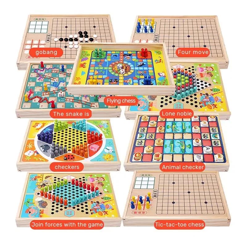 Gioco di scacchi 9 in 1 Mini scacchiera Scacchi volanti in legno Dama cinese Set da tavolo Ludo volante Giocattolo da tavolo portatile in legno