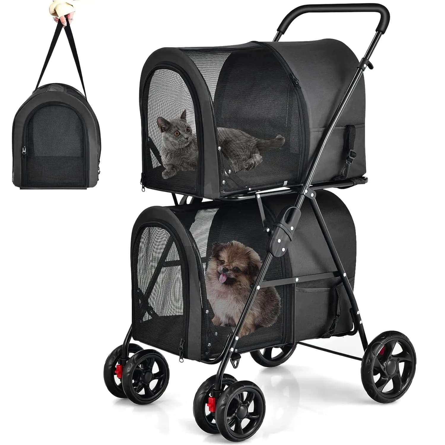 Passeggino Doppio per Animali Domestici con 2 Borse Trasportabili Staccabili, Cintura di Sicurezza, 4 Ruote Bloccabili, Passeggino Pieghevole per Cani e Gatti, Personalizzabile