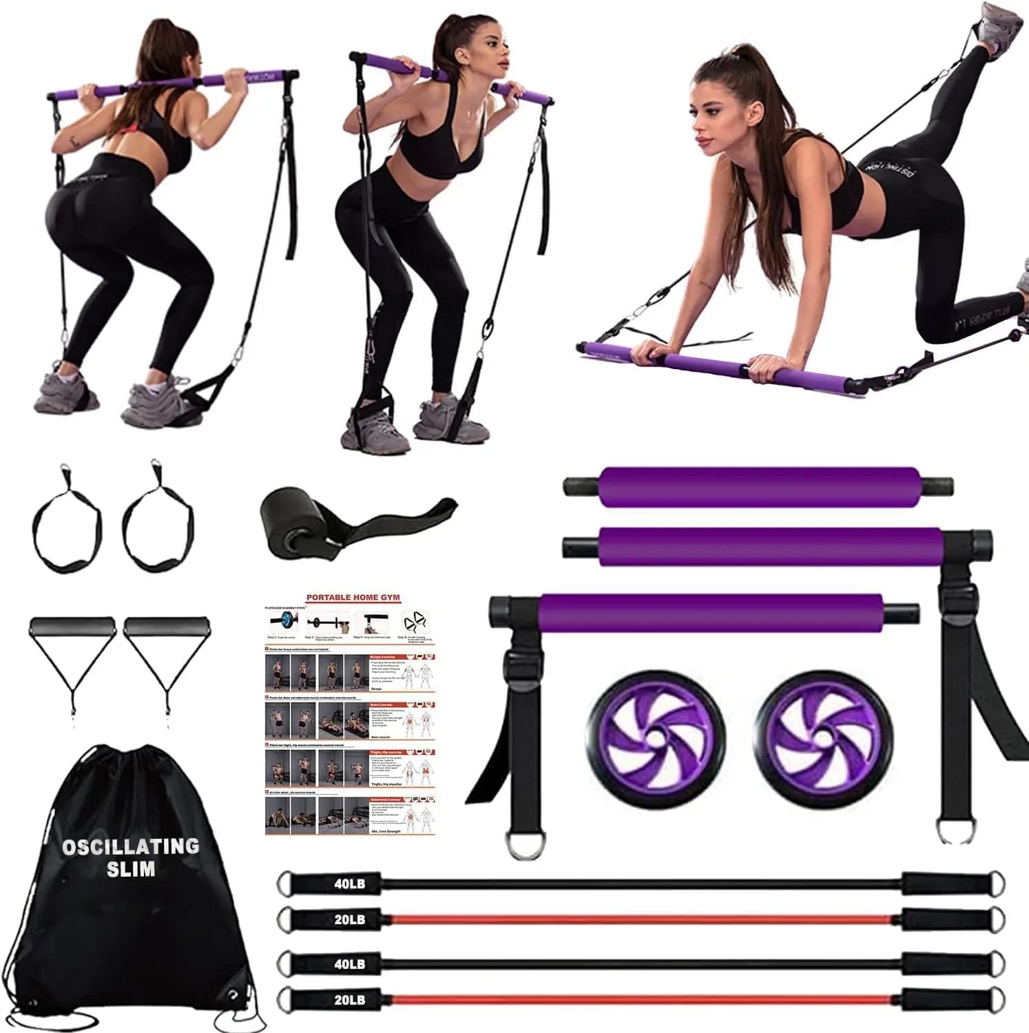 Kit Portatile per Pilates con Barra, Bande di Resistenza e Rullo Addominale per Allenamento Completo del Corpo a Casa