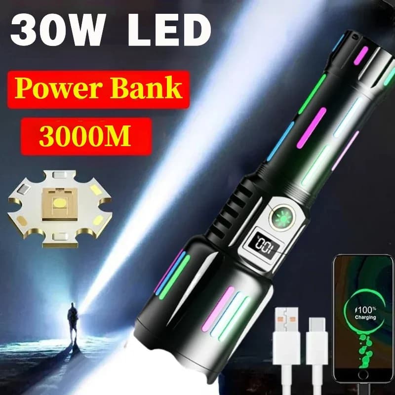 Torcia a LED ricaricabile ad alta potenza Torcia a lungo raggio con zoom impermeabile da 3000 M con strisce luminose per il campeggio all'aperto
