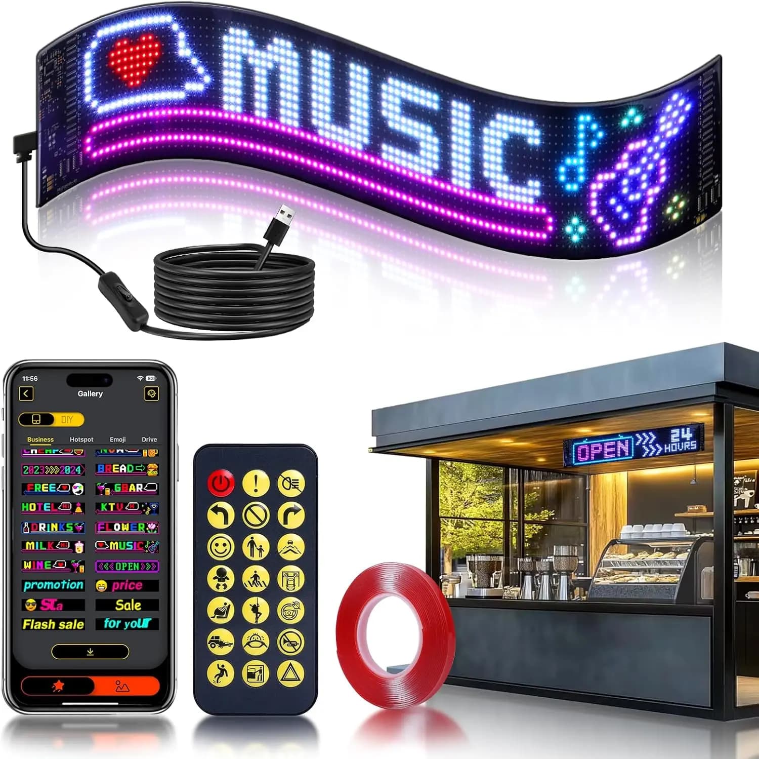 Cartello LED a scorrimento programmabile tramite USB con controllo app Bluetooth, display a matrice personalizzato flessibile impermeabile per auto, negozio