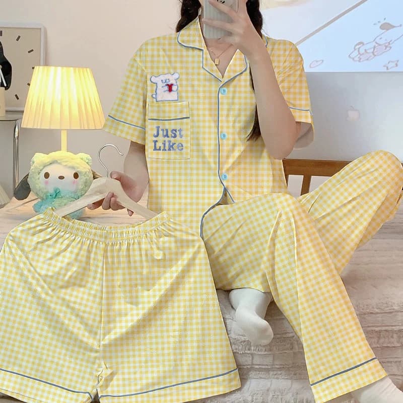 Lettera Cane Stampa Pigiama da donna in stile coreano Plaid Kawaii Dolce Pigiama casual per le donne Nuova estate Carino 3 PC Set Loungewear