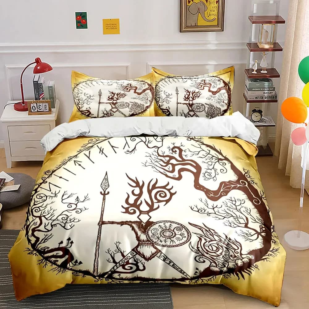 Set di biancheria da letto con copripiumino morbido e confortevole con motivo artistico della mitologia norrena vichinga, include 1 copripiumino e 2 federe, idea regalo