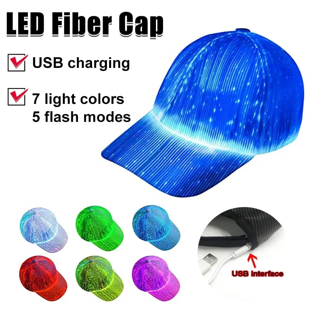 Cappello LED in Fibra Ottica con 7 Colori Luminosi, Cappellino da Baseball EDC Luminoso, Ricaricabile USB, Cappello LED per Performance