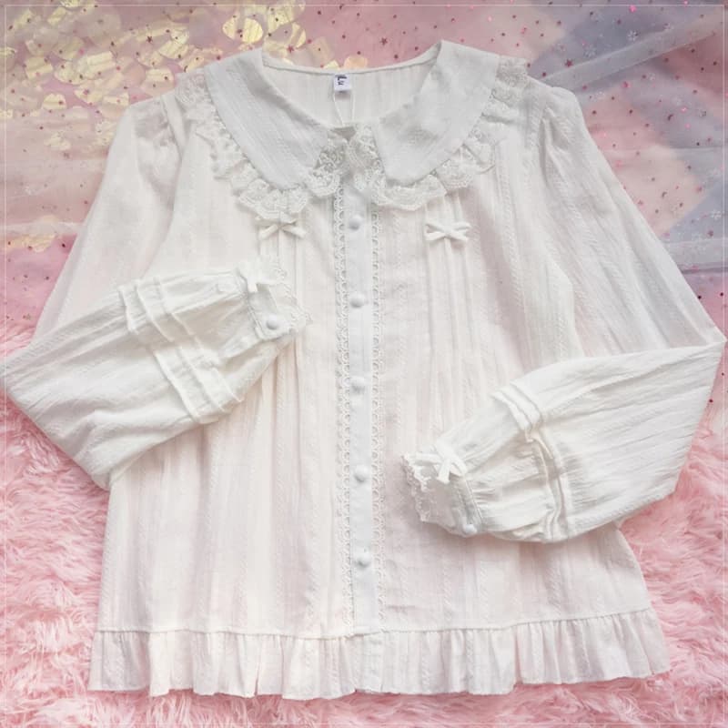 Camicette Lolita giapponesi Kawaii Donna Dolce fiocco in pizzo Ruffles Colletto alla Peter Pan Camicie JK Ragazza morbida Manica lunga in cotone Blusas Mujer