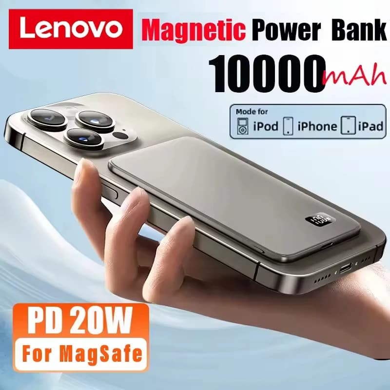 Power Bank Lenovo 10000mAh ultra sottile per ricarica rapida wireless magnetica MagSafe, batteria portatile per iPhone Xiaomi Samsung