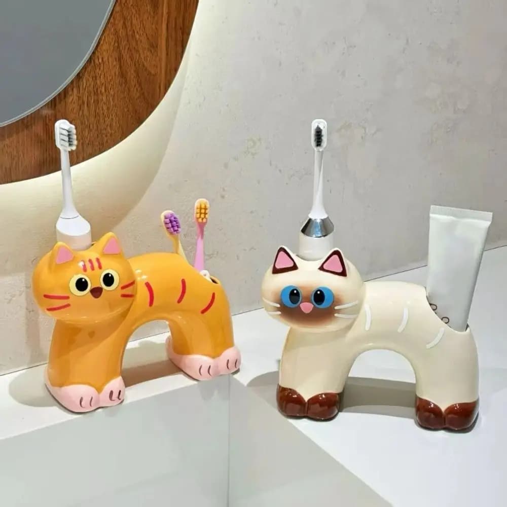 Cat Shape Ceramic Brush Holder, Creative Support for 2 Brushes, Reusable Anti-slip Base, Electric Brush Holder