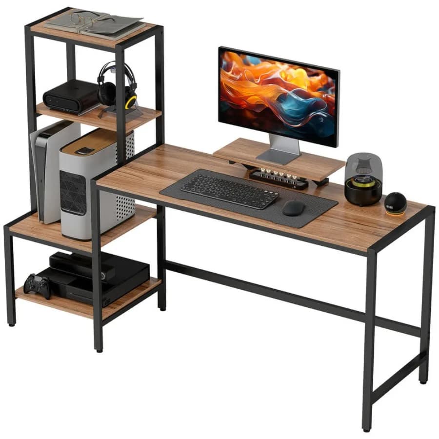 Scrivania per Computer, Scrivania CPU da 67 Pollici con Supporto Monitor, Ripiano a 4 Livelli Reversibile, Scrivania Industriale per Studio, Marrone