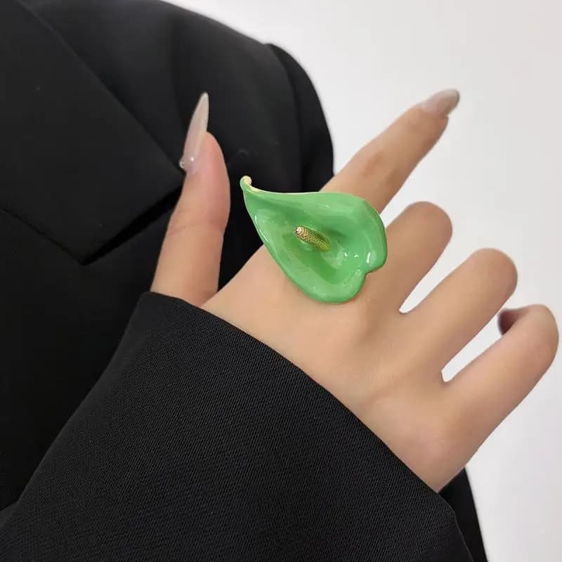 Calla Flower Ring Adjustable Enamel Elegant Metal Open Geometric Accessory for Women Cocktail Party Wear