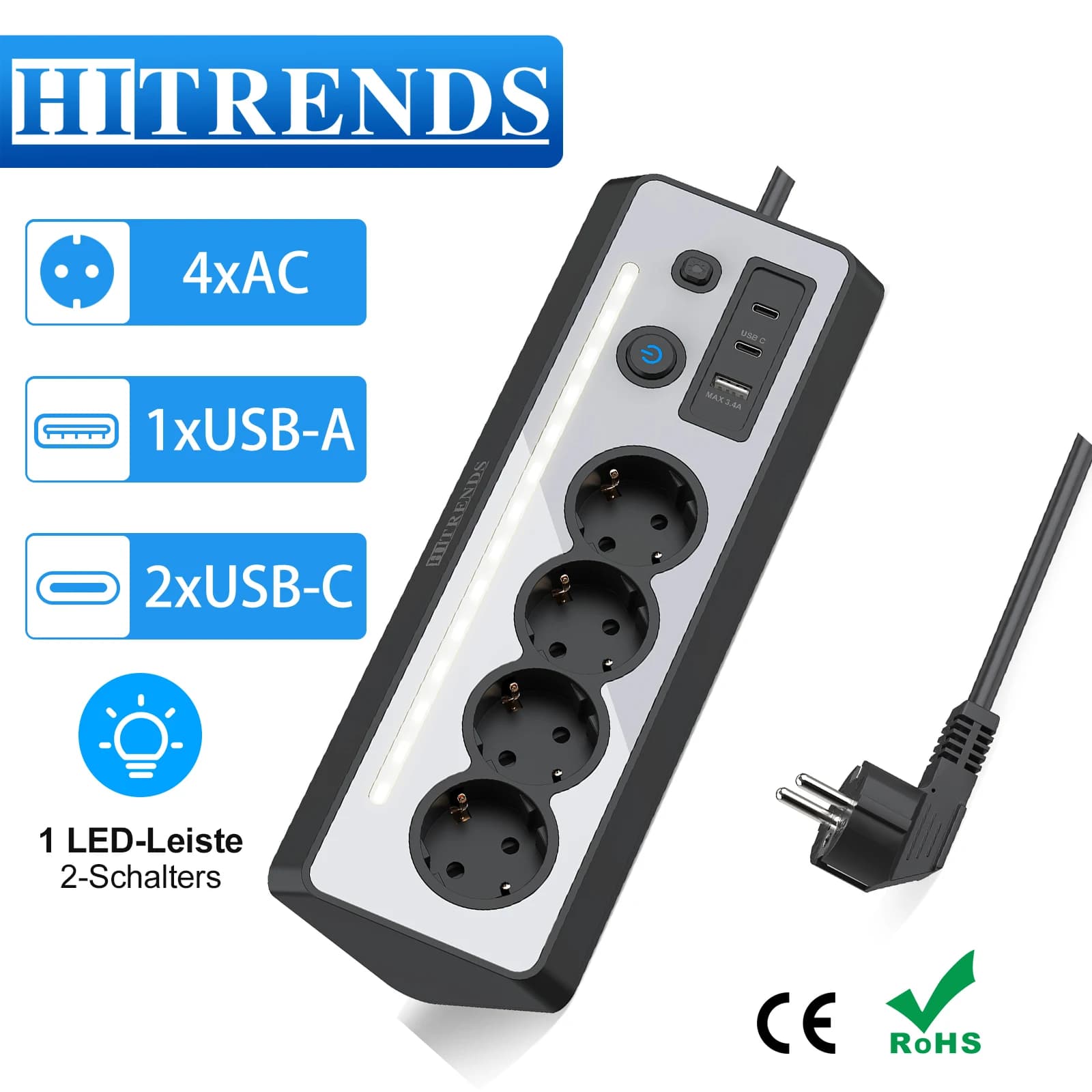 Corner socket Multi socket with LED light, 1.5 m cable, 2 switches, multiple socket with USB and 2 Type-C office
