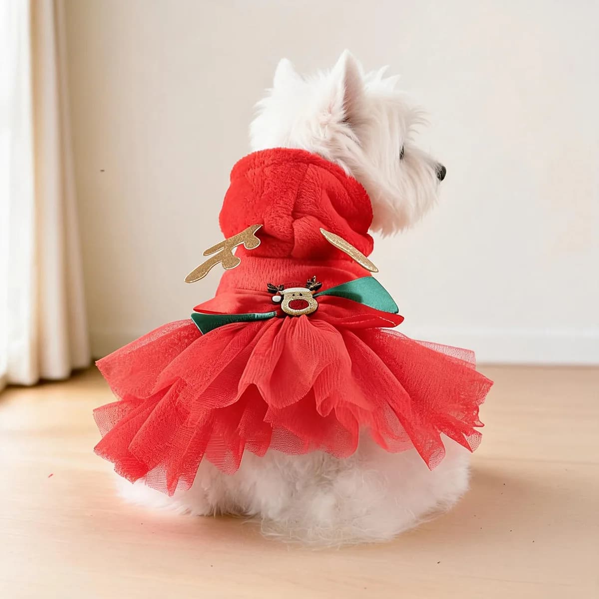 Christmas Puppy Dresses Elk Decor Pet Tutu Skirt Dog Dress Xmas Fluffy Warm Dog Cat Costume New Year Party Clothes