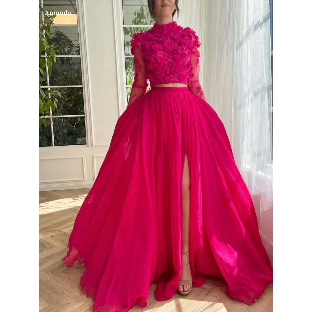 Amanda Customized Bright Pink Two-Piece Prom Dress High Neck 3D Flower Mesh Long Sleeve vestidos de noche Pleated Tulle Skirt