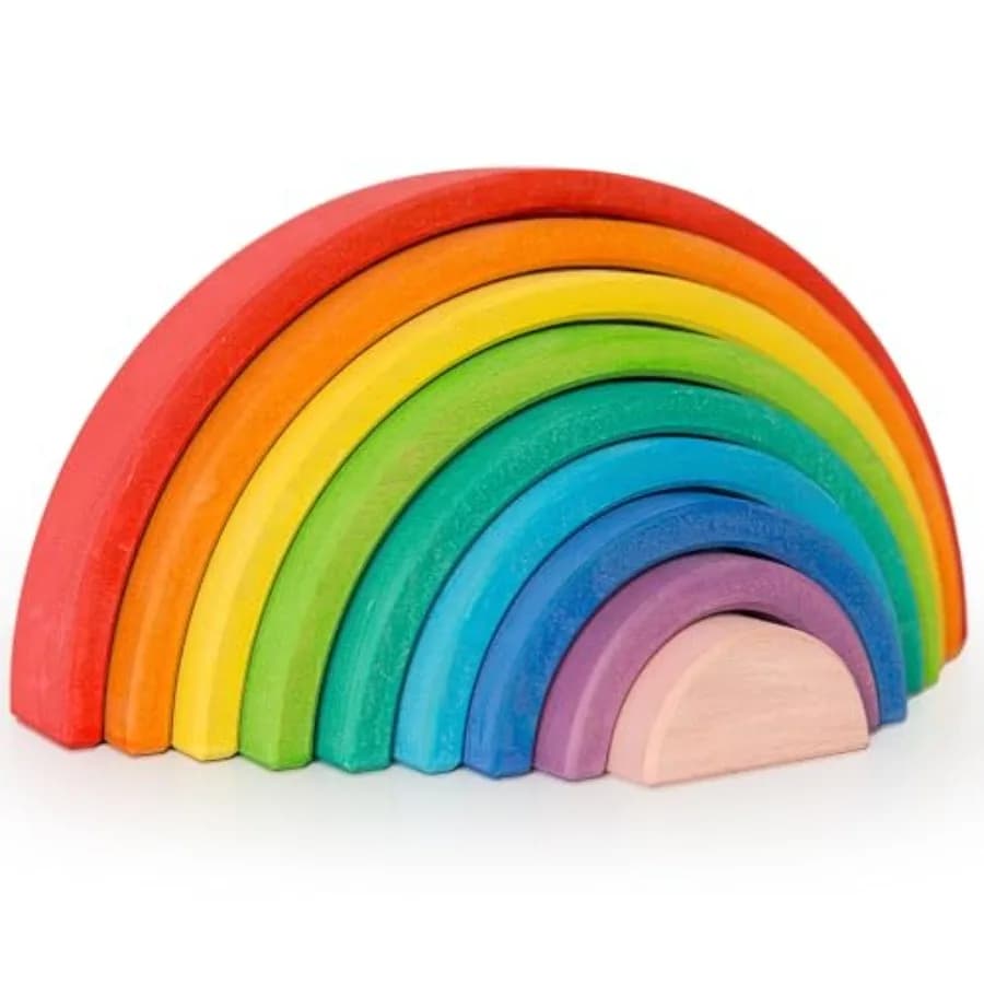 Set di 9 Giocattoli Impilabili in Legno Arcobaleno, Puzzle Montessori per Bambini, Blocchi Arcobaleno