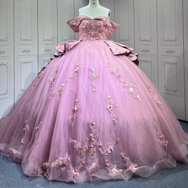 Abiti Quinceanera rosa con spalle scoperte Applique Perline di fiori Tull Party Compleanno Abito da ballo Abiti da 15 Anos Sweet 16 Dress