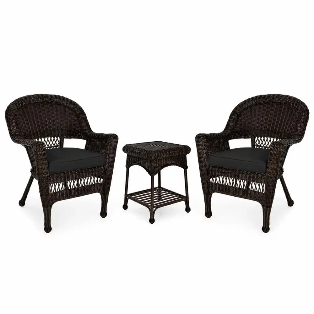 Set di tavolini in vimini da 3 pezzi con cuscino per sedia nero, colore espresso