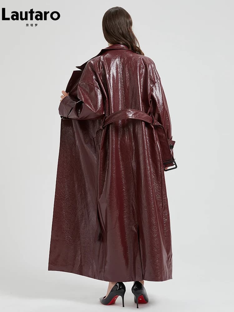 Lautaro Trench da donna in pelle PU bordeaux extra lungo primavera autunno con cintura elegante soprabito maxi di design di lusso 2024