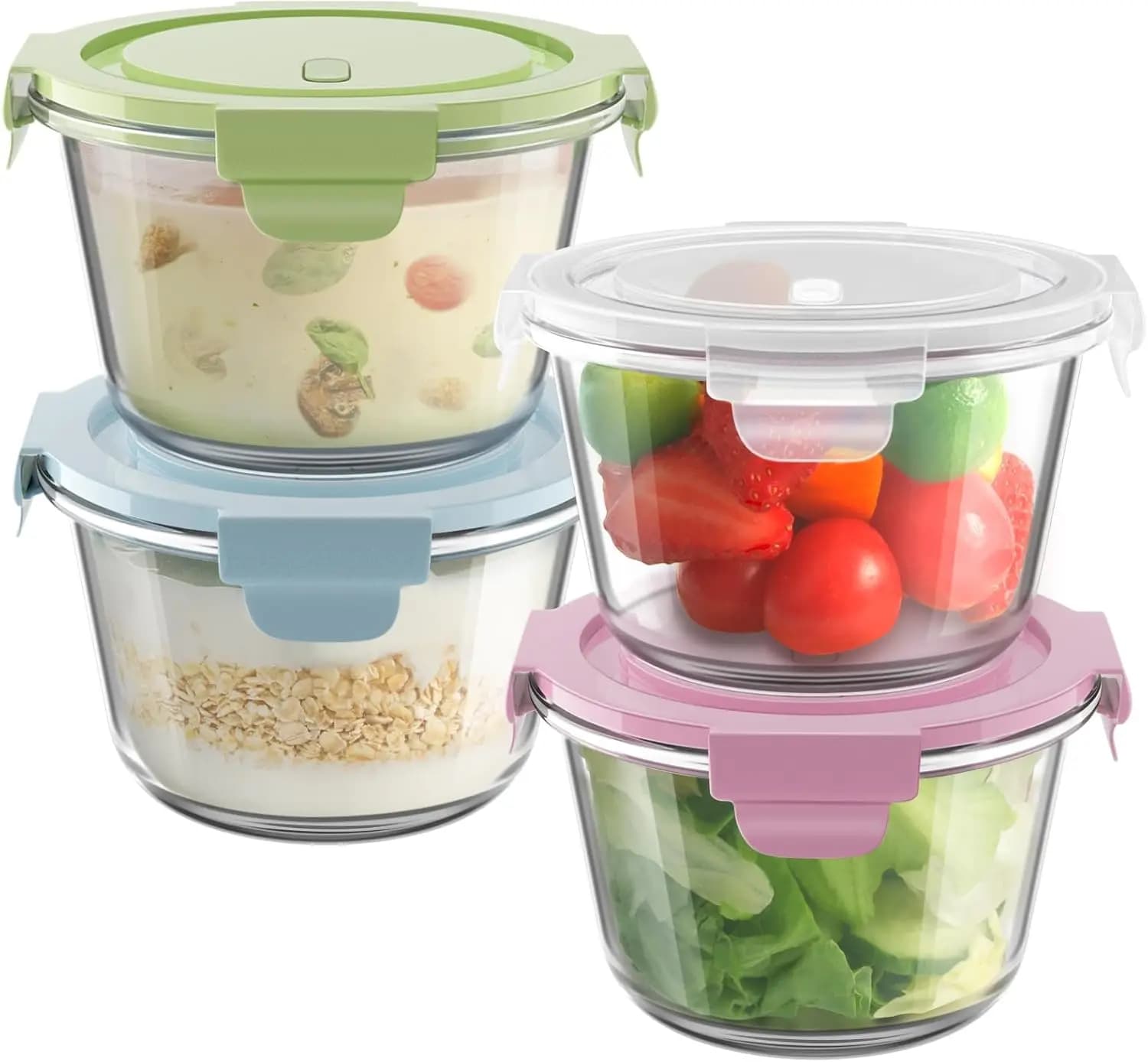 Contenitori in Vetro da 16 oz per Preparazione Pasti, Contenitori Ermetici da 2 Tazze con Coperchi, Vetro Borosilicato Senza BPA, Adatti per Microonde Lavastoviglie e Congelatore (Confezione da 4)