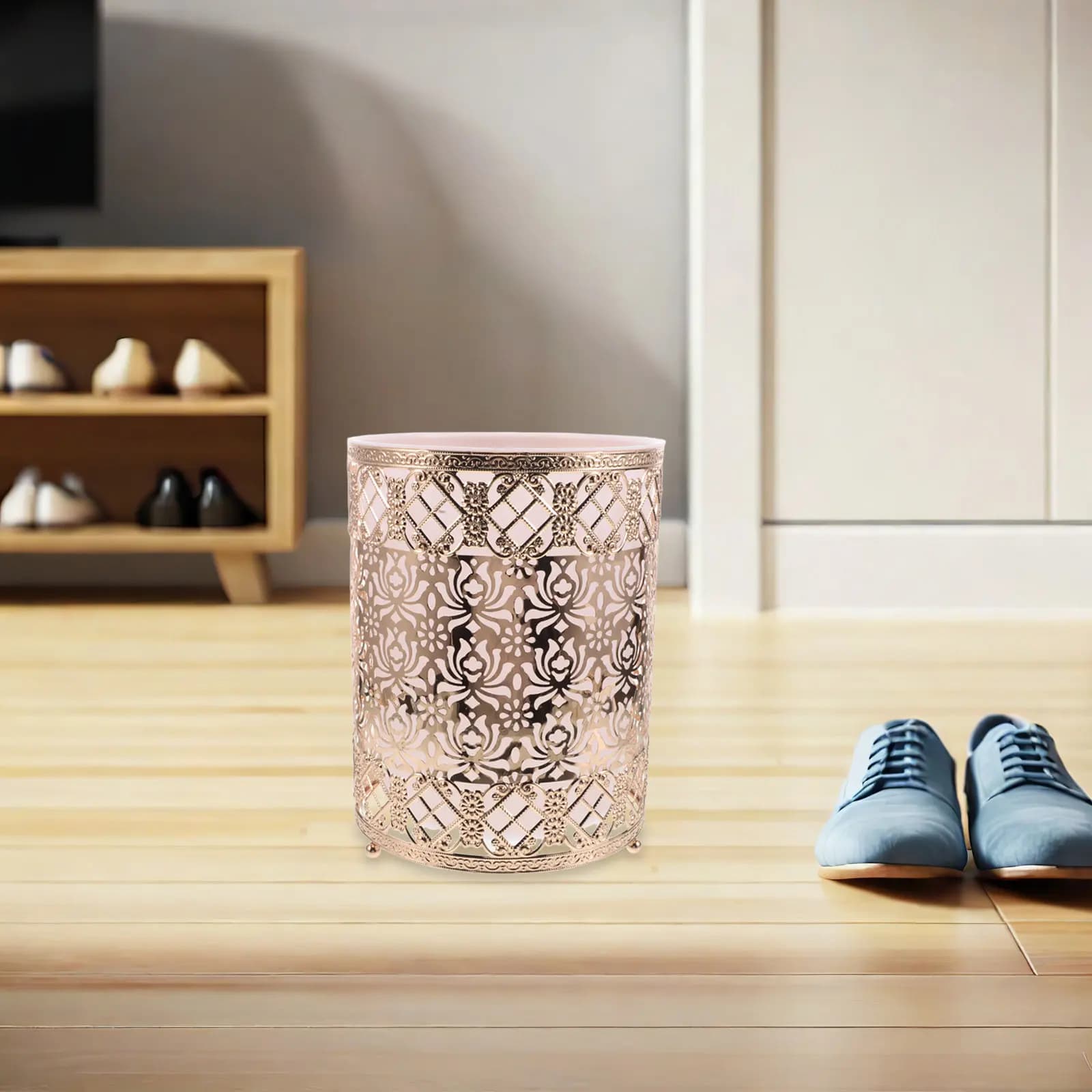 Light Luxury Round Wrought Iron Trash Can Stylish Metal Waste Basket for Bathroom Bedroom Kitchen Living Room Office Toilet