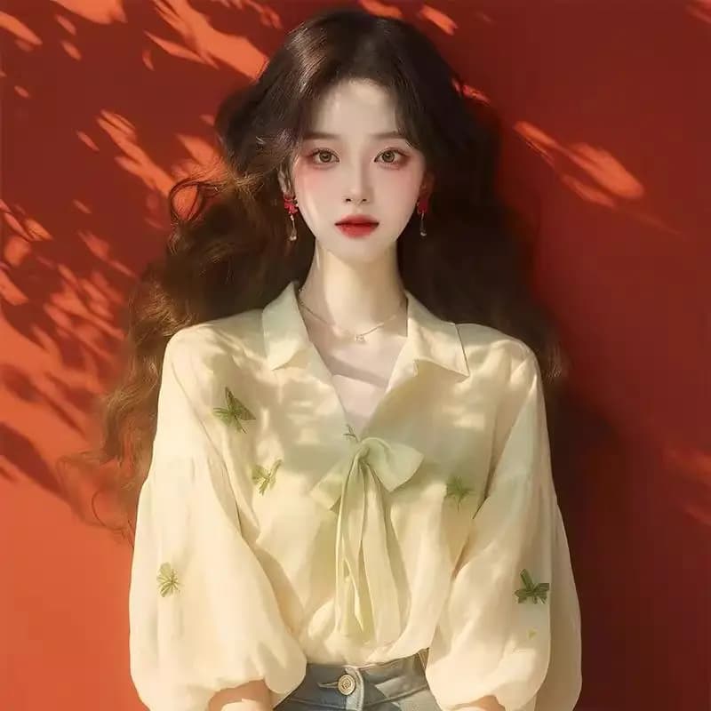 Green Printed Sunscreen Chiffon Shirt Autumn New Women's Sweet Princess Style Unique Top