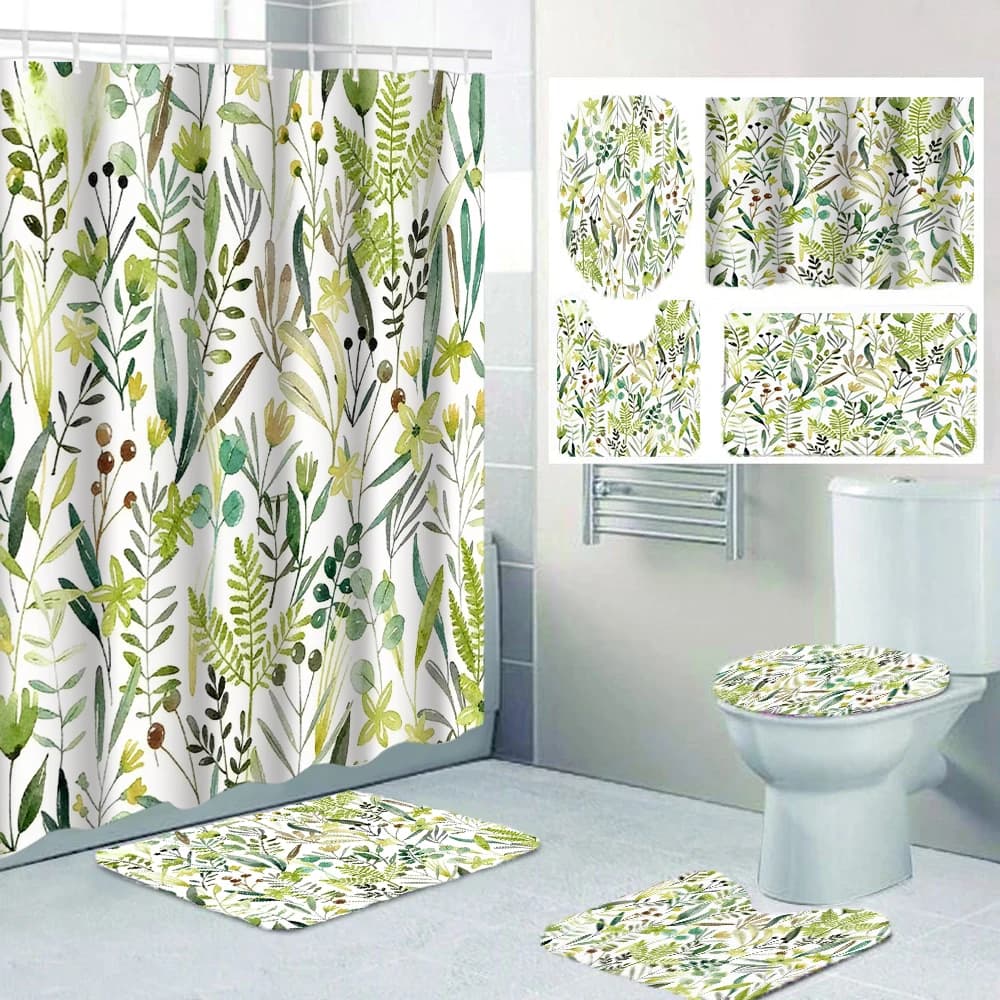 Tenda da Doccia con Motivo Foglie Verdi 4/1, Decorazione per Sedile WC, Tenda da Doccia con Tappetino e Coperchio WC, Dimensioni 180x180 cm