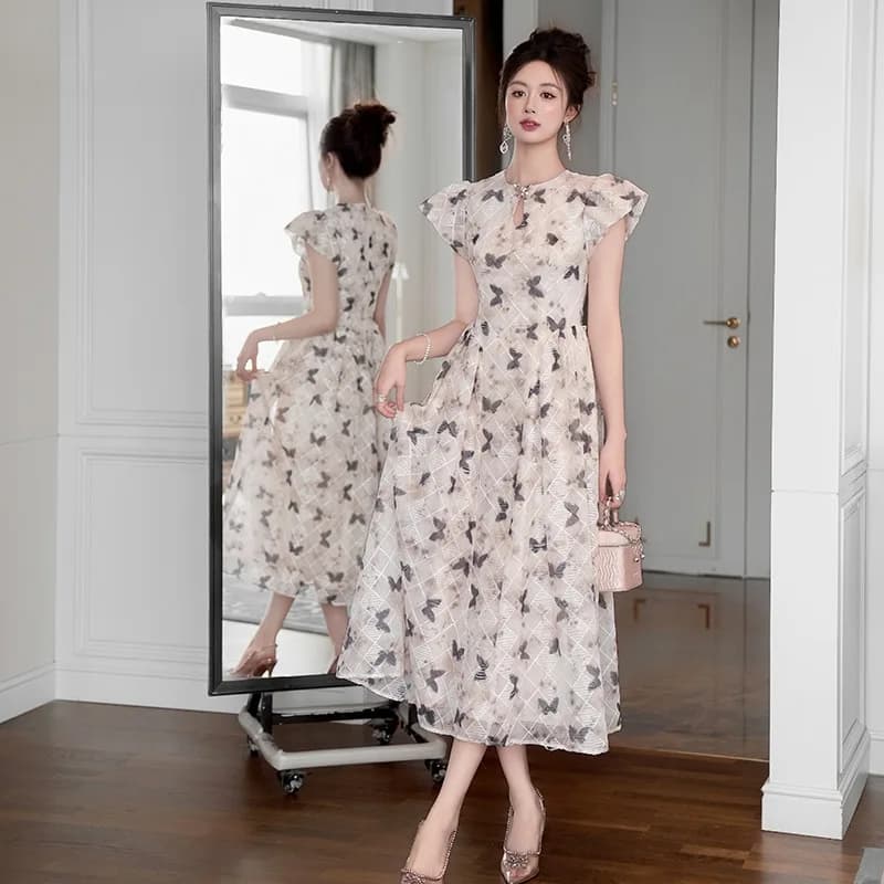 Abito estivo 2026 da donna, nuovo design in stile etnico, con maniche a bolle, stampa a farfalla e orlo a campana 21741