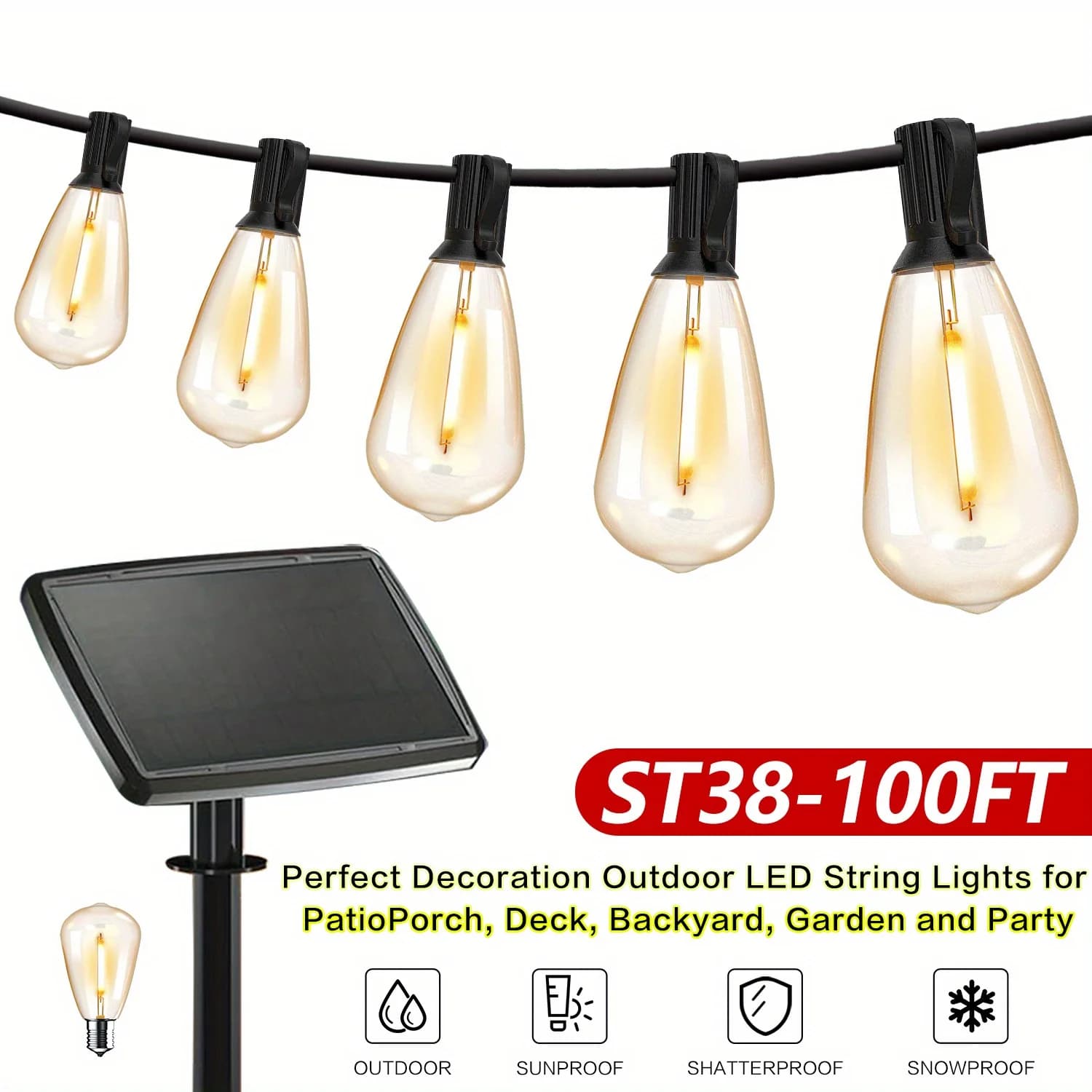 Catena Luminosa Solare da Esterno 50/100 Piedi, Luce a Corda Ricaricabile USB per Patio, Bianco Caldo 2700K, Materiale Resistente alle Intemperie, 12+1/2