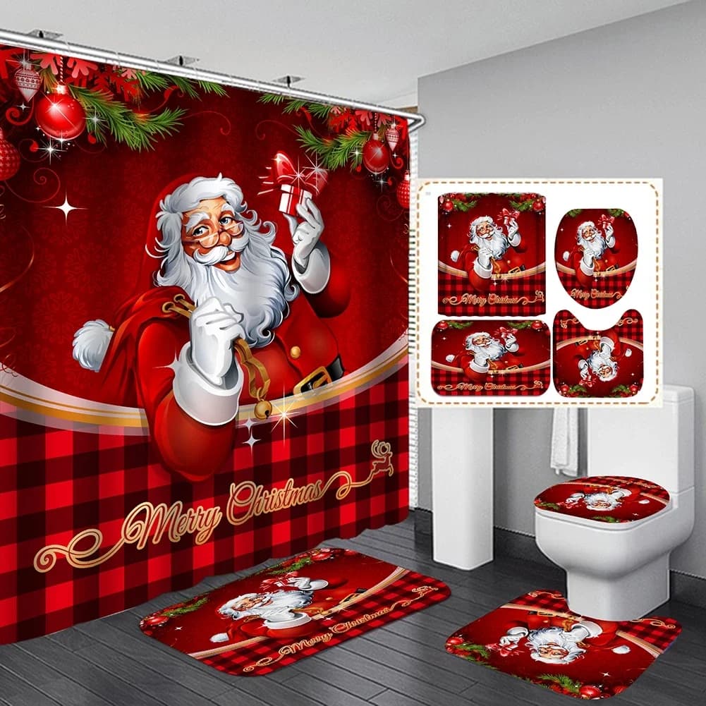 Tenda da doccia per bagno di Natale, set da 4 pezzi, pupazzo di neve, modello di Babbo Natale, tenda da doccia impermeabile, copriwater, tappeto antiscivolo