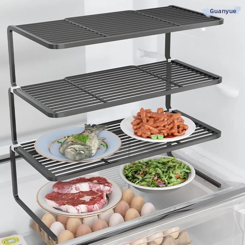 Modern Simple L-Shaped Fridge Organizer Rack Metal Kitchen Storage Shelf for Leftovers Plates Separation Layer Non-Slip Wheels