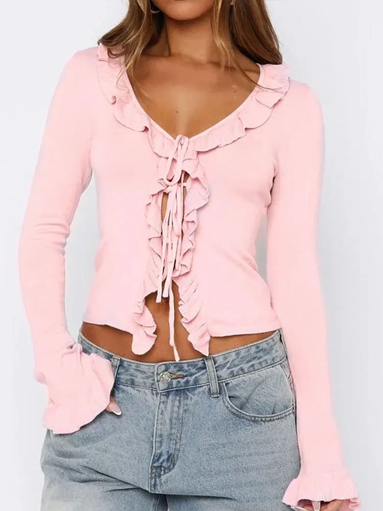 T-shirt da donna primaverile Streetwear Moda Versatile maniche lunghe T-shirt con lacci Top Solid Sexy scollo a V T-shirt casual slim Abbigliamento