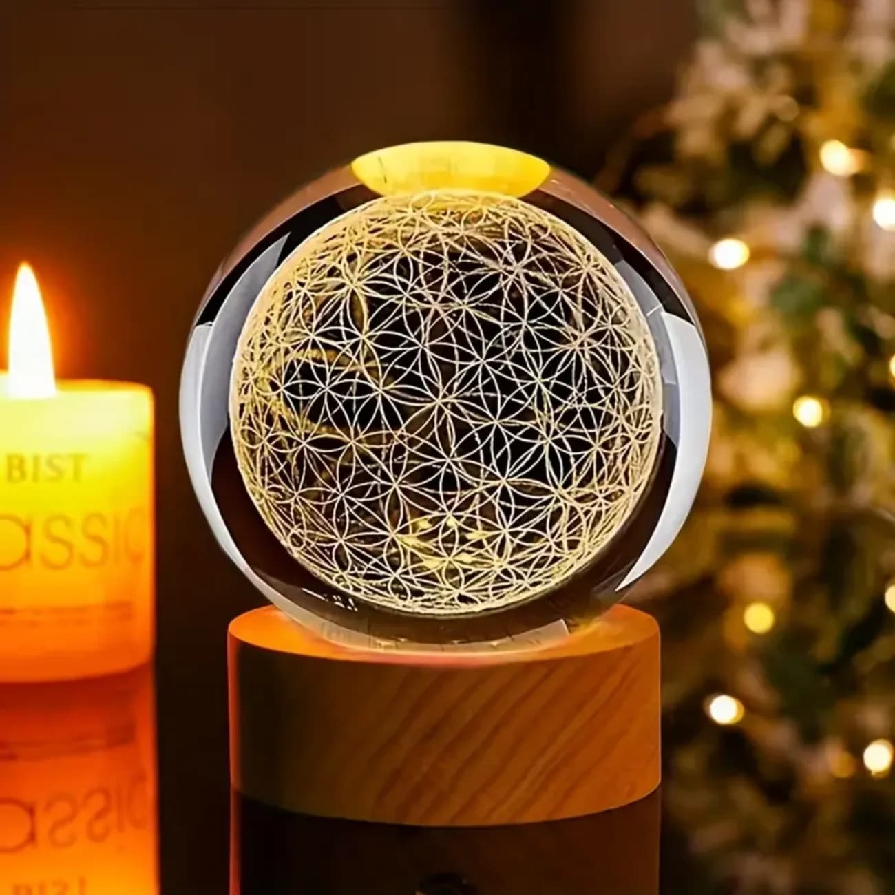 1 pezzo, sfera di cristallo 3D Flower of Life con luci notturne colorate alimentate tramite USB: il perfetto regalo di festa per la famiglia, gli amici e il coll