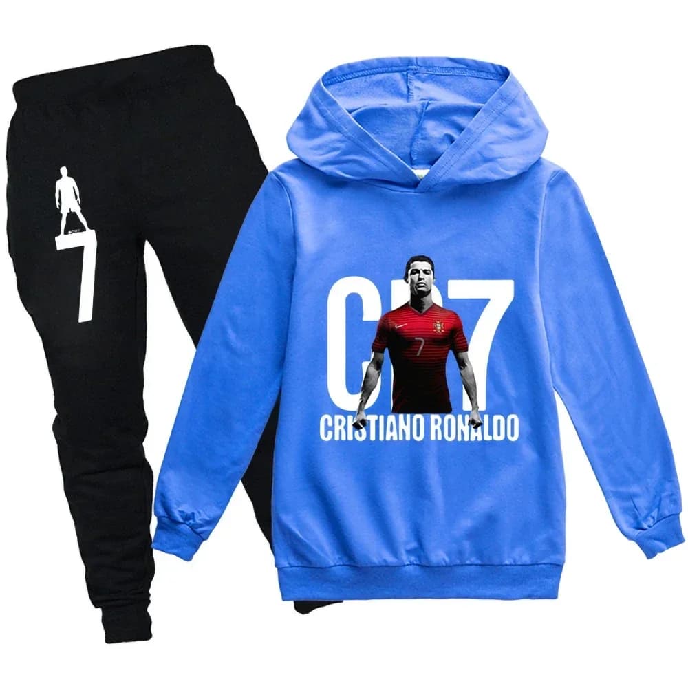 Primavera Autunno Tuta Calcio CR7 Stampa Abbigliamento per bambini Felpa con cappuccio + Pantaloni Completo 2 pezzi Set Ragazzo Ragazza 3-12 anni Regali per le vacanze dei bambini