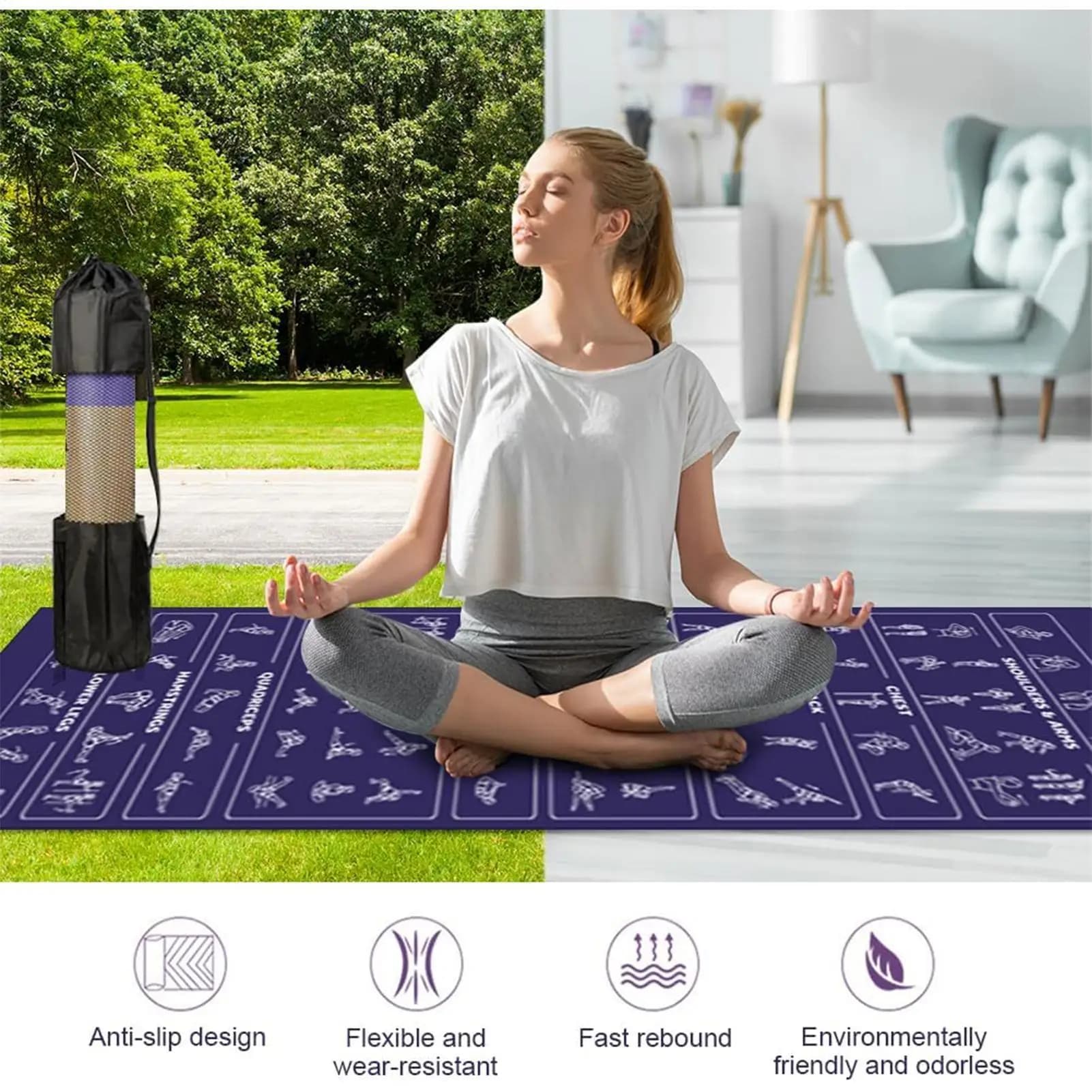 Exercise Mat With Poses Stretches Double-Sided Exercise Wide Yoga Mat Thick For Indoor Floor Home Travel Gym Studio Pilates