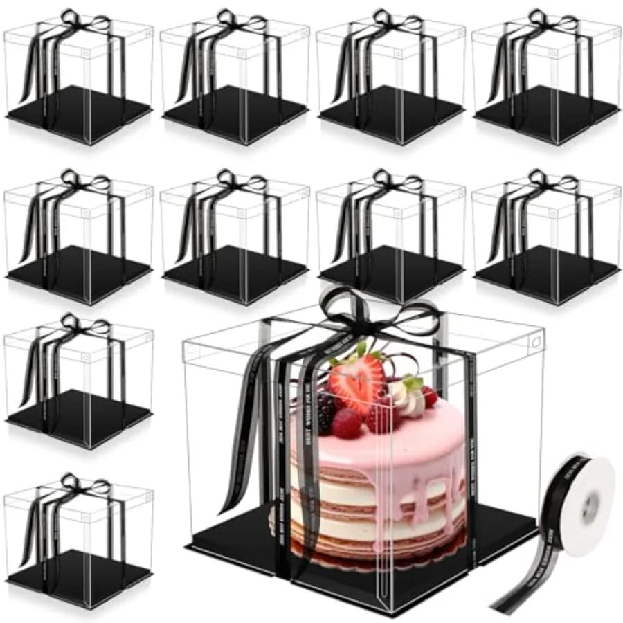 10 scatole trasparenti alte per torte, 30,5 cm x 30,5 cm x 25,4 cm, grandi scatole trasparenti per torte con nastro, contenitori per torte in PET, contenitori per torte nuziali.