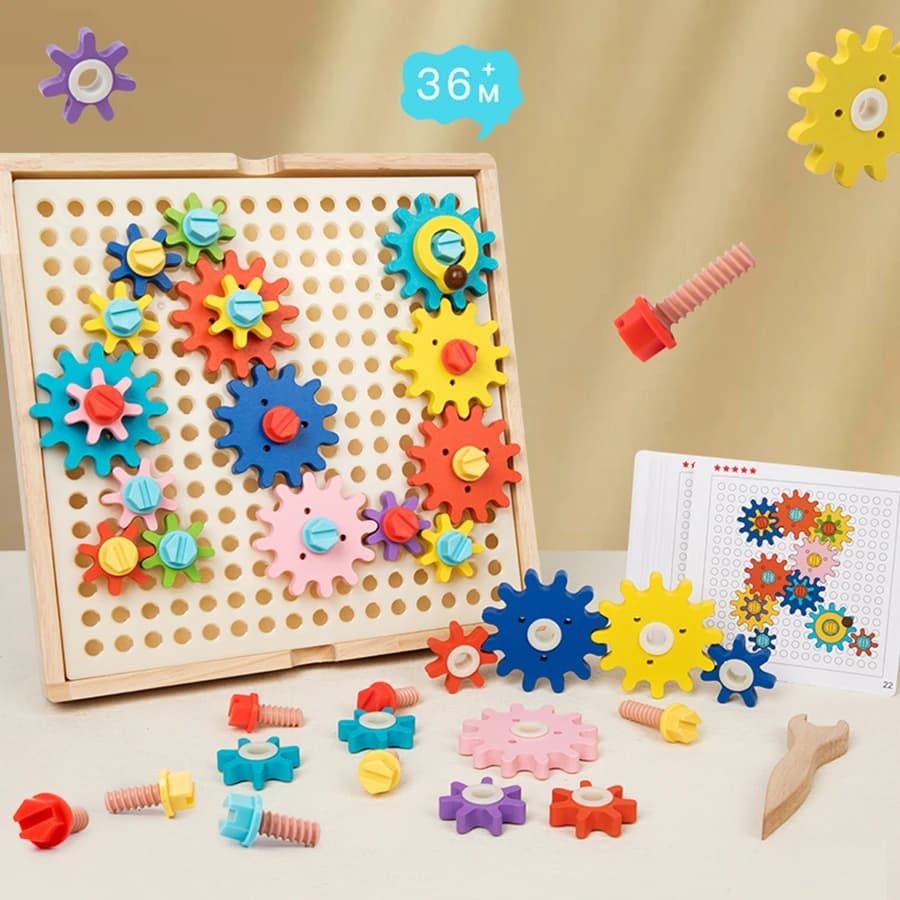 1Set Ingranaggi in legno Kit di costruzione di modelli 3D Blocchi di mattoni Giocattoli educativi per bambini Regali per bambini Corrispondenza dei colori Assemblare Puzzle