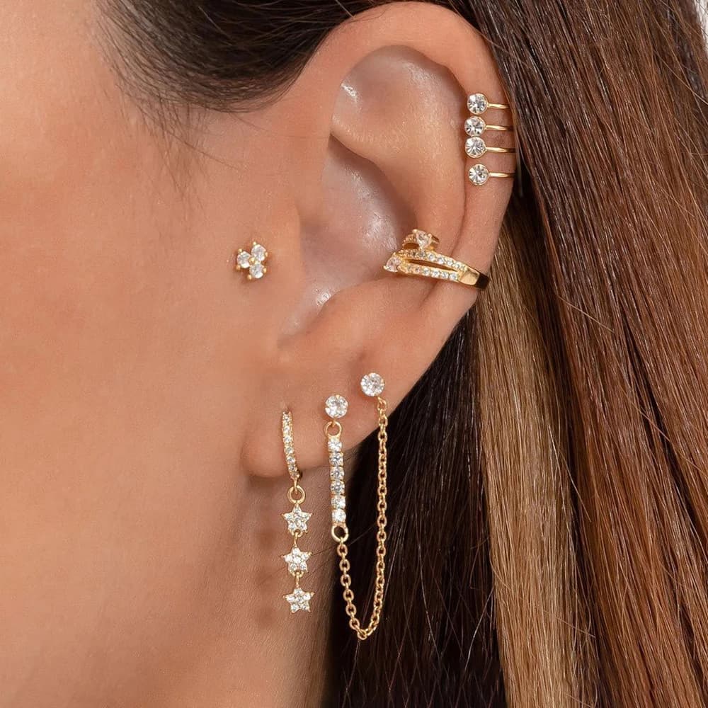 New Arrival Stainless Steel Chain Tassel Star Hanging Earring Double Ear Studs Zircon Punk Earring Ear Clip Piercing Jewelry