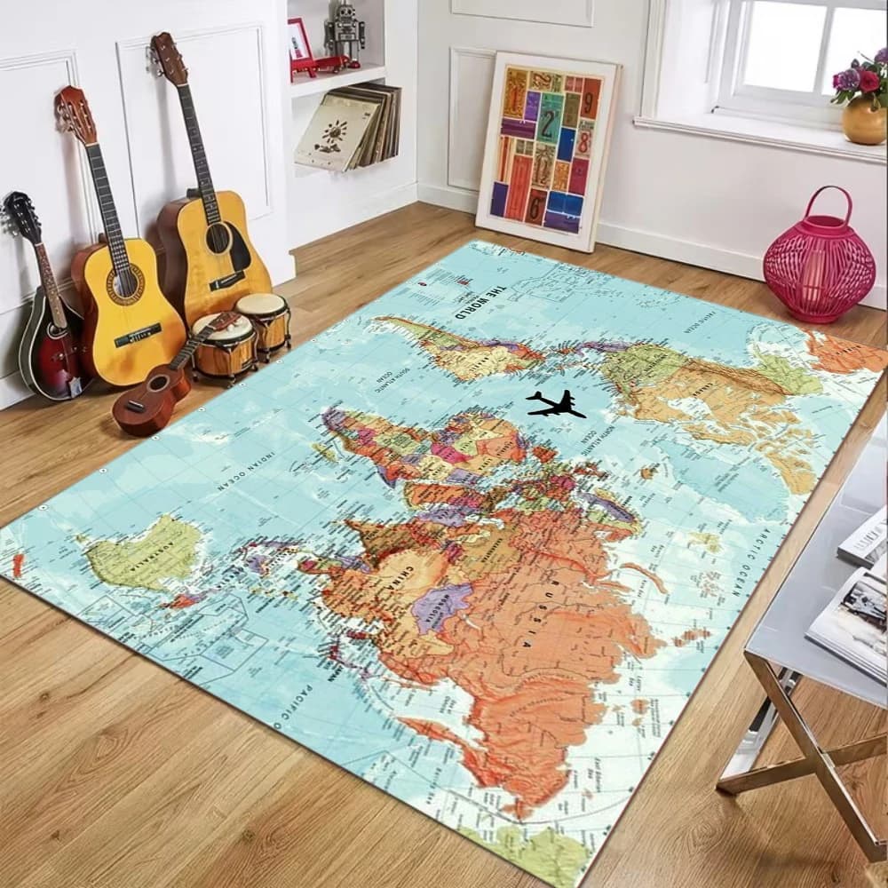 Tappeto con Mappa del Mondo Stampata, Tappetino Educativo per Bambini, Tappeto per Cucina, Camera da Letto, Soggiorno, Ingresso e Decorazione del Portico