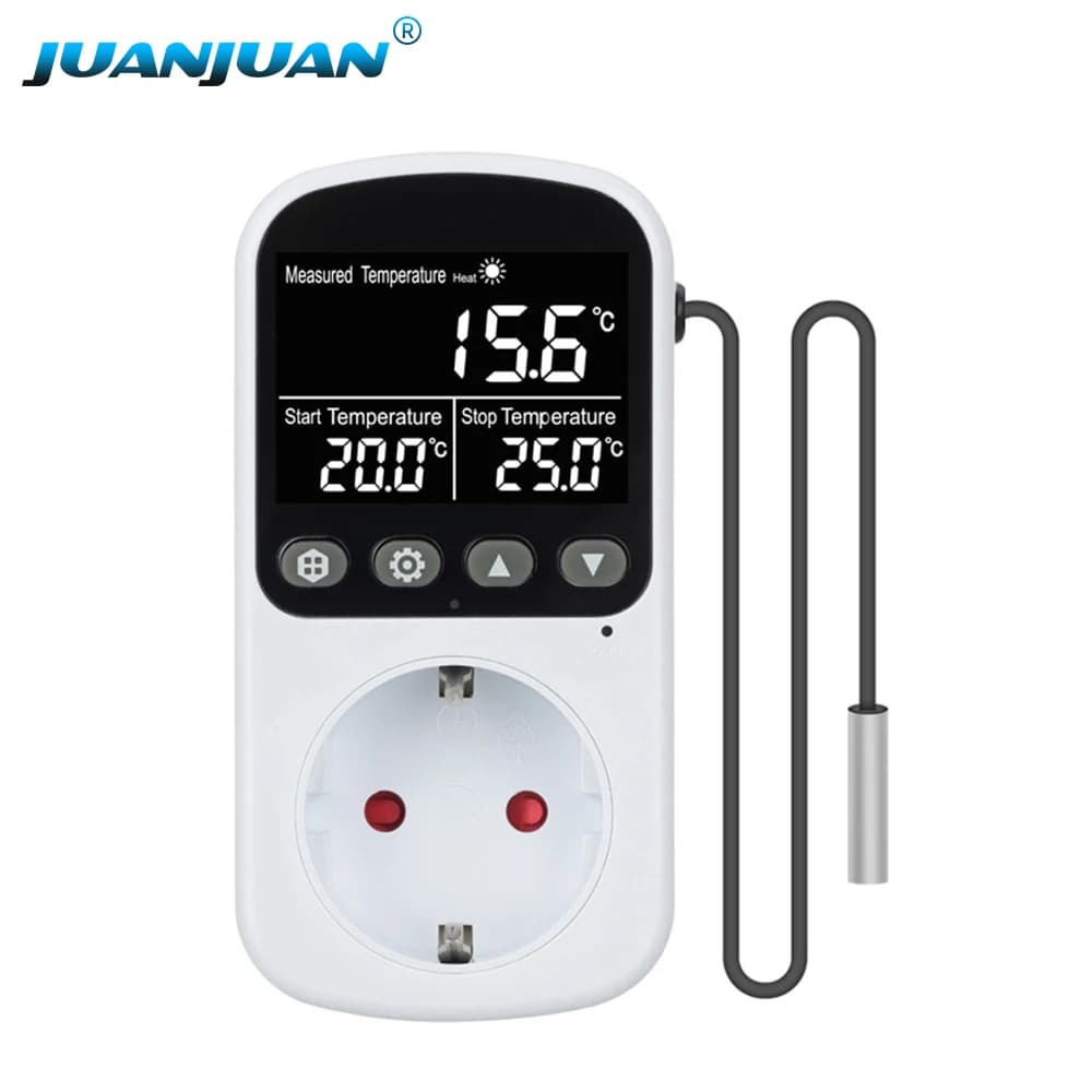 Digital Thermostat with Temperature Control, Timer, Precision Cooling and Heating Regulator, Thermometer with Sensor Probe