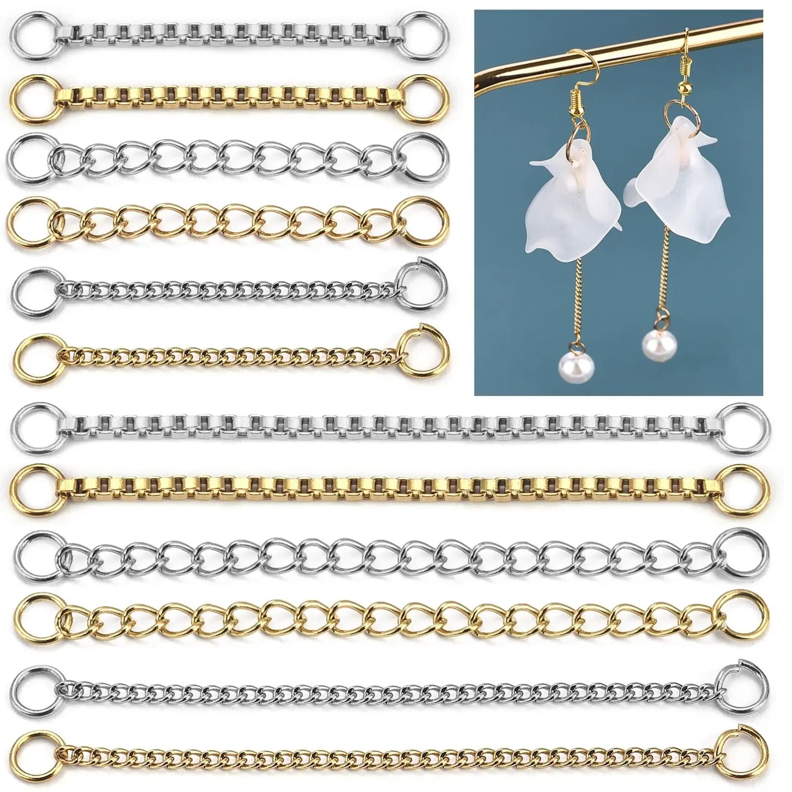 Catena di estensione in acciaio inossidabile da 10 pezzi, senza sbiadimento, connettore esteso, catena a coda di sfera per orecchini, collana a catena, creazione di gioielli fai da te