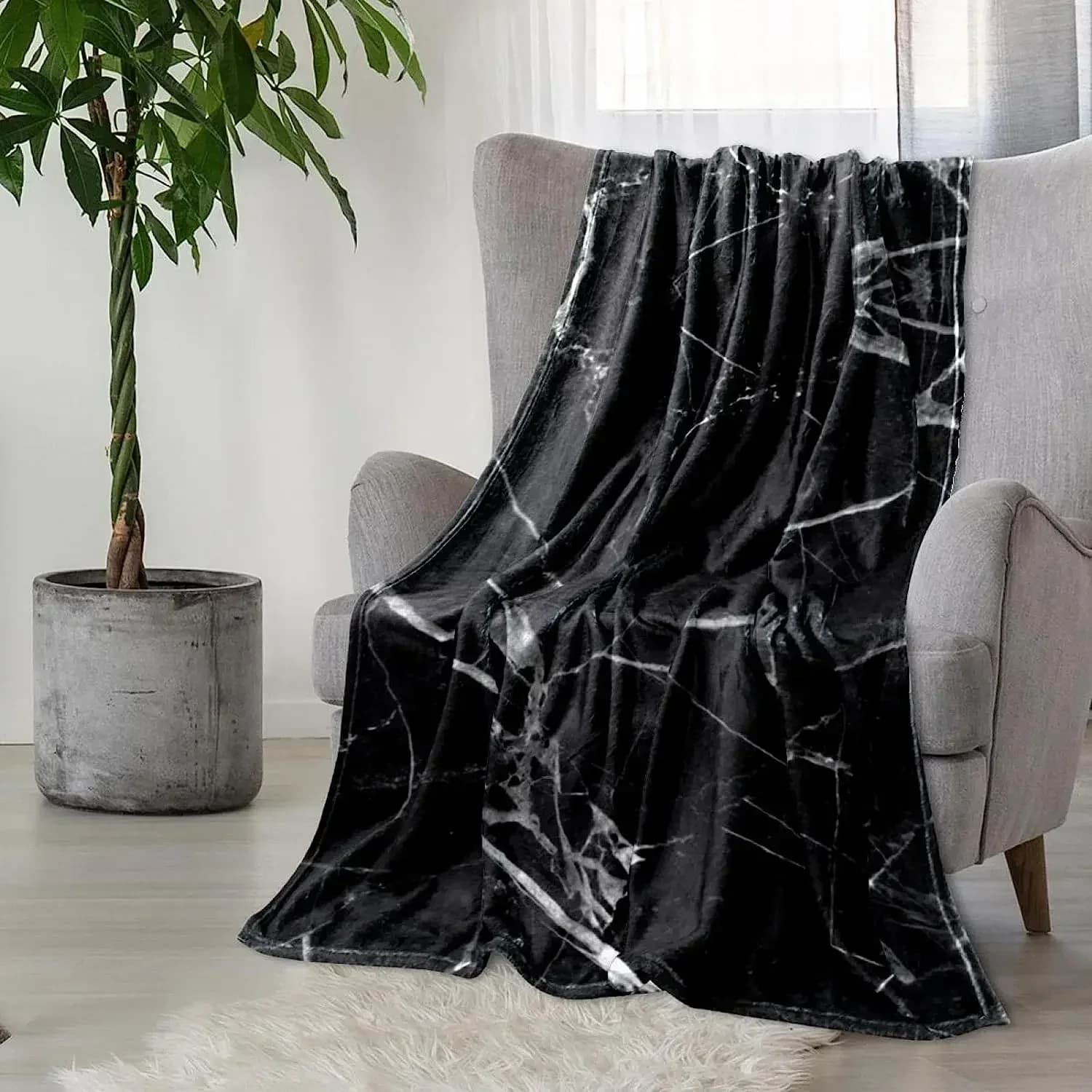 Coperta di peluche coperta calda e accogliente morbida microfibra coperte, motivo in marmo bianco e nero